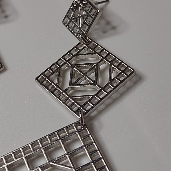 Long Silver Tone Metal Decorative Dangling Square Earrings - Picture 4 of 12